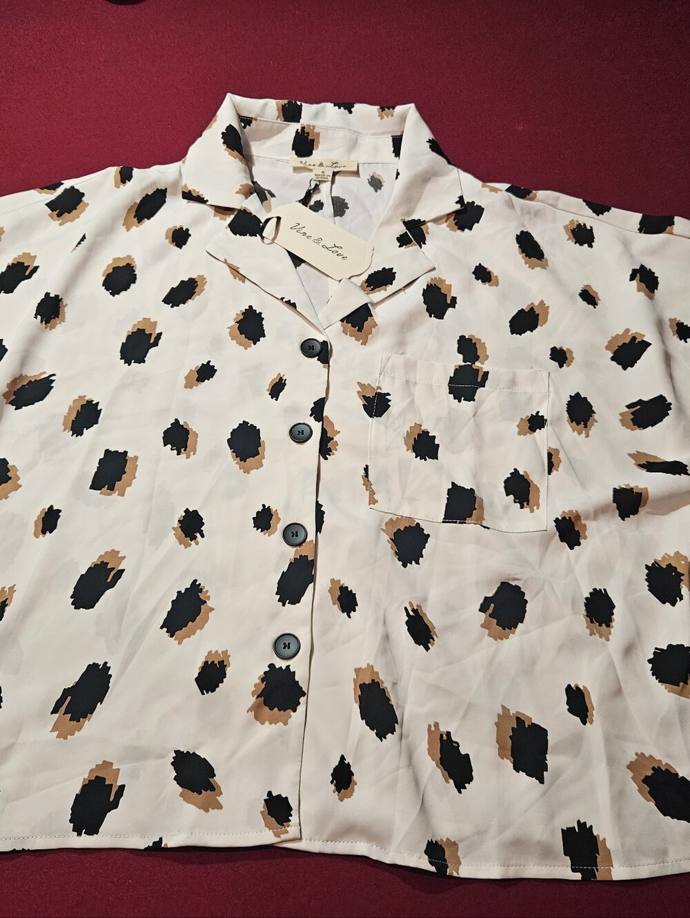 Women's Cream Button-Up Shirt with Black & Brown Spot Print. New With Tags. Sm